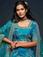 Tulsi Art Teal Blue Thread Embroidery Art Silk Wedding Wear Lehenga Choli | Grocsy
