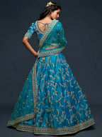 Tulsi Art Teal Blue Thread Embroidery Art Silk Wedding Wear Lehenga Choli | Grocsy