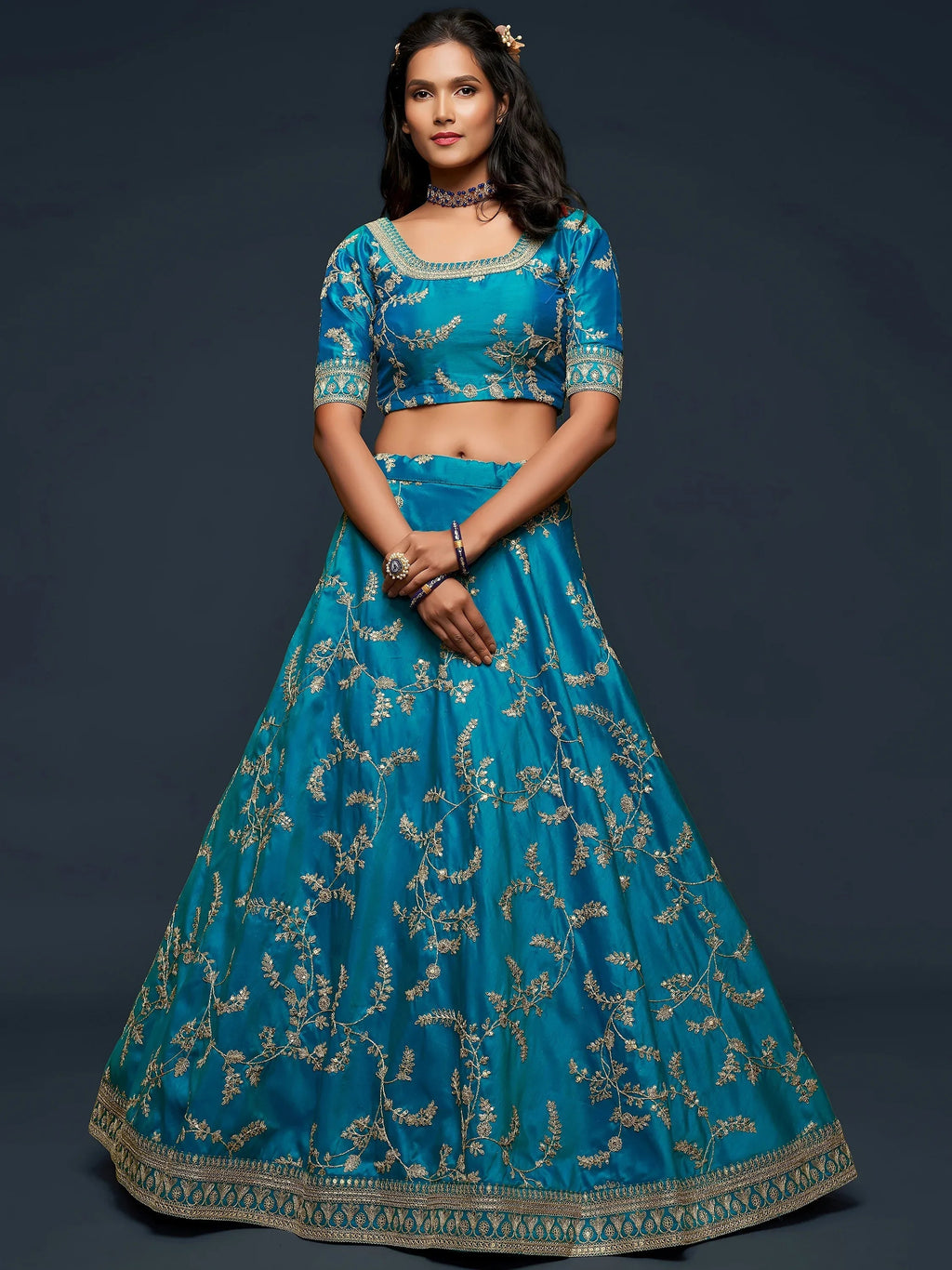 Tulsi Art Teal Blue Thread Embroidery Art Silk Wedding Wear Lehenga Choli | Grocsy