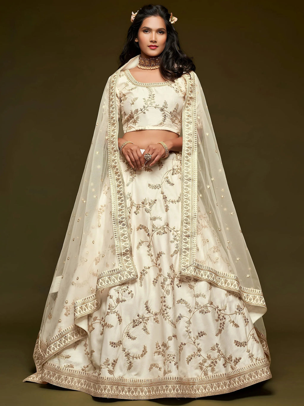 Tulsi Art White Thread Embroidery Art Silk Wedding Wear Lehenga Choli | Grocsy