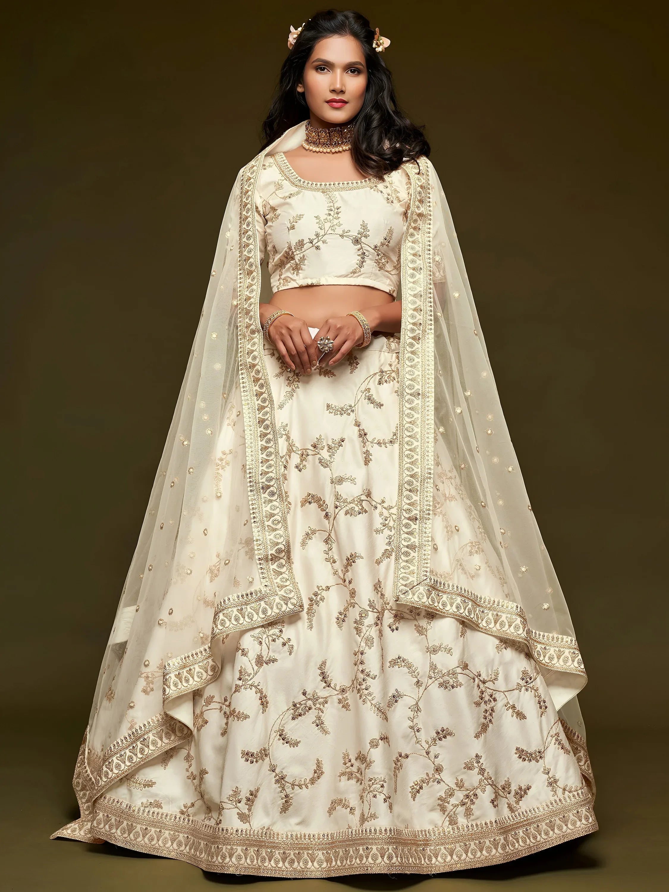Tulsi Art White Thread Embroidery Art Silk Wedding Wear Lehenga Choli | Grocsy