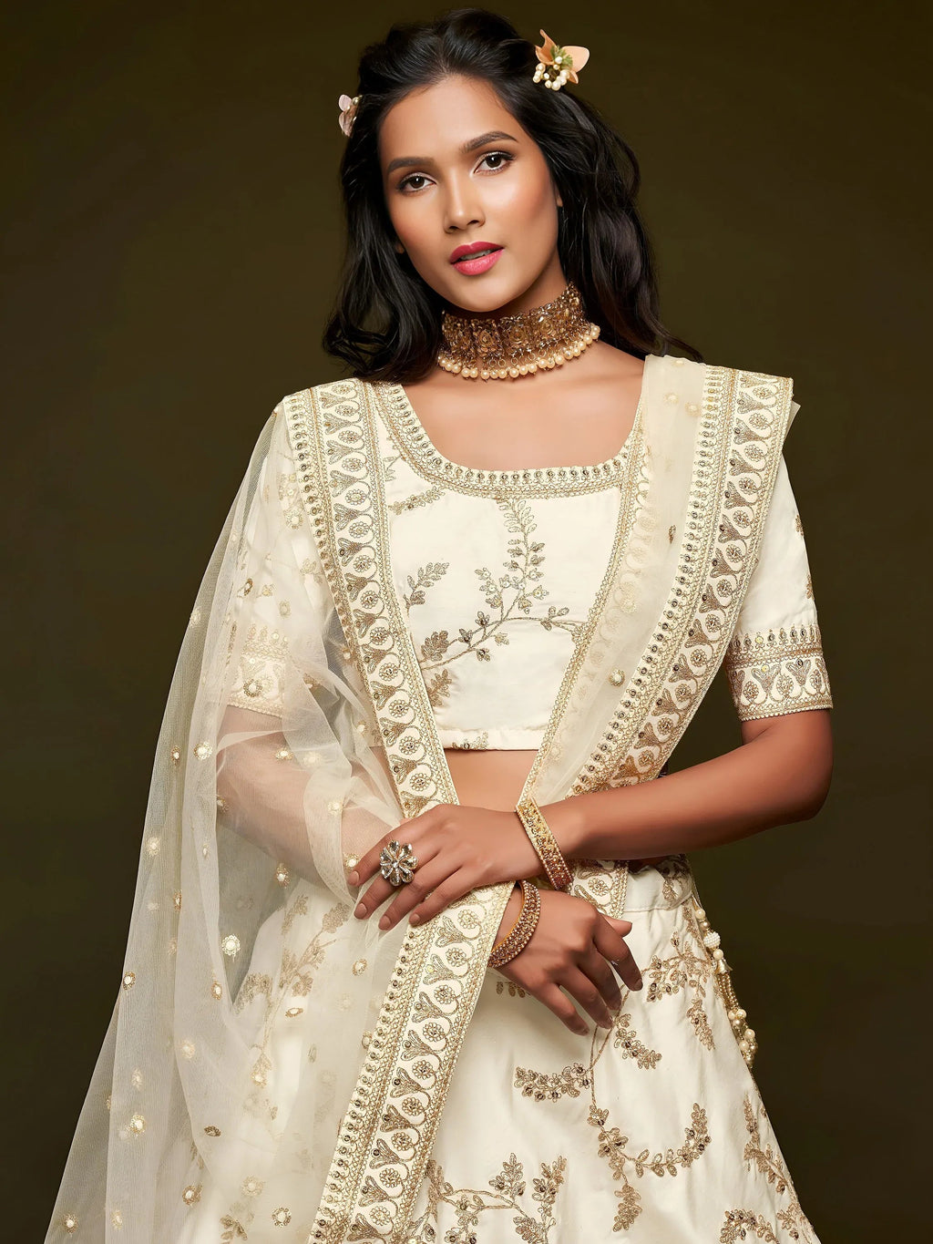 Tulsi Art White Thread Embroidery Art Silk Wedding Wear Lehenga Choli | Grocsy