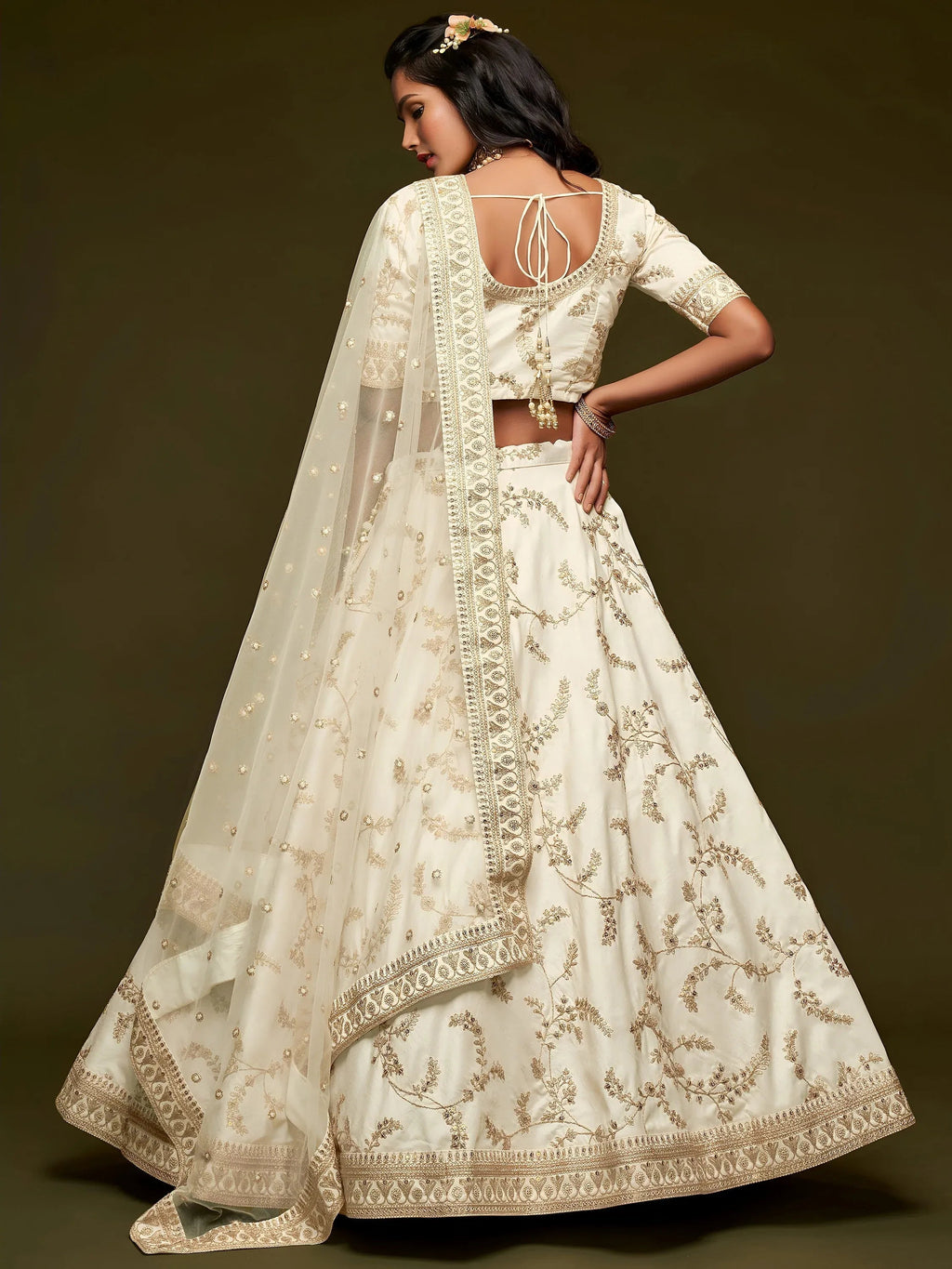 Tulsi Art White Thread Embroidery Art Silk Wedding Wear Lehenga Choli | Grocsy
