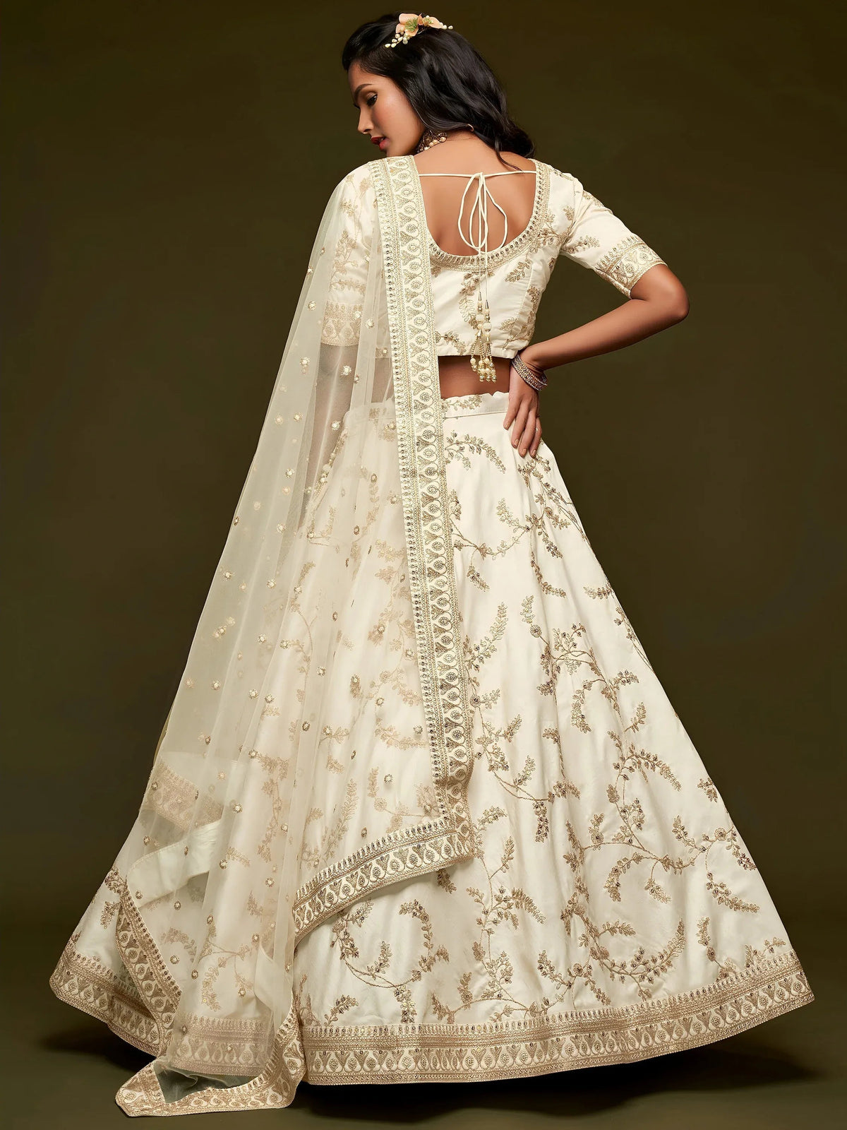 Tulsi Art White Thread Embroidery Art Silk Wedding Wear Lehenga Choli | Grocsy