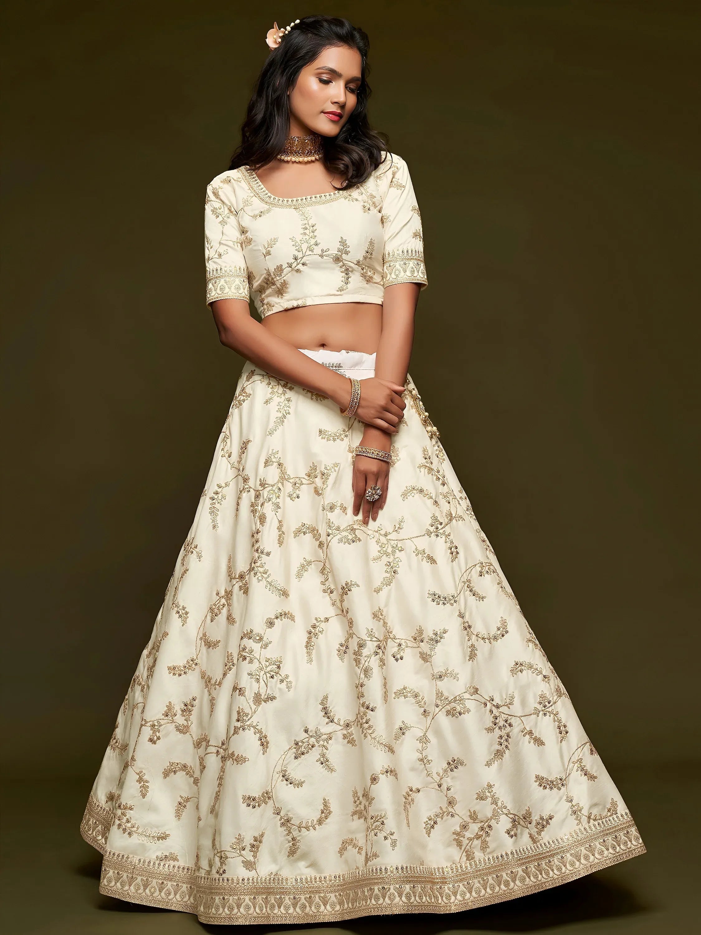 Tulsi Art White Thread Embroidery Art Silk Wedding Wear Lehenga Choli | Grocsy