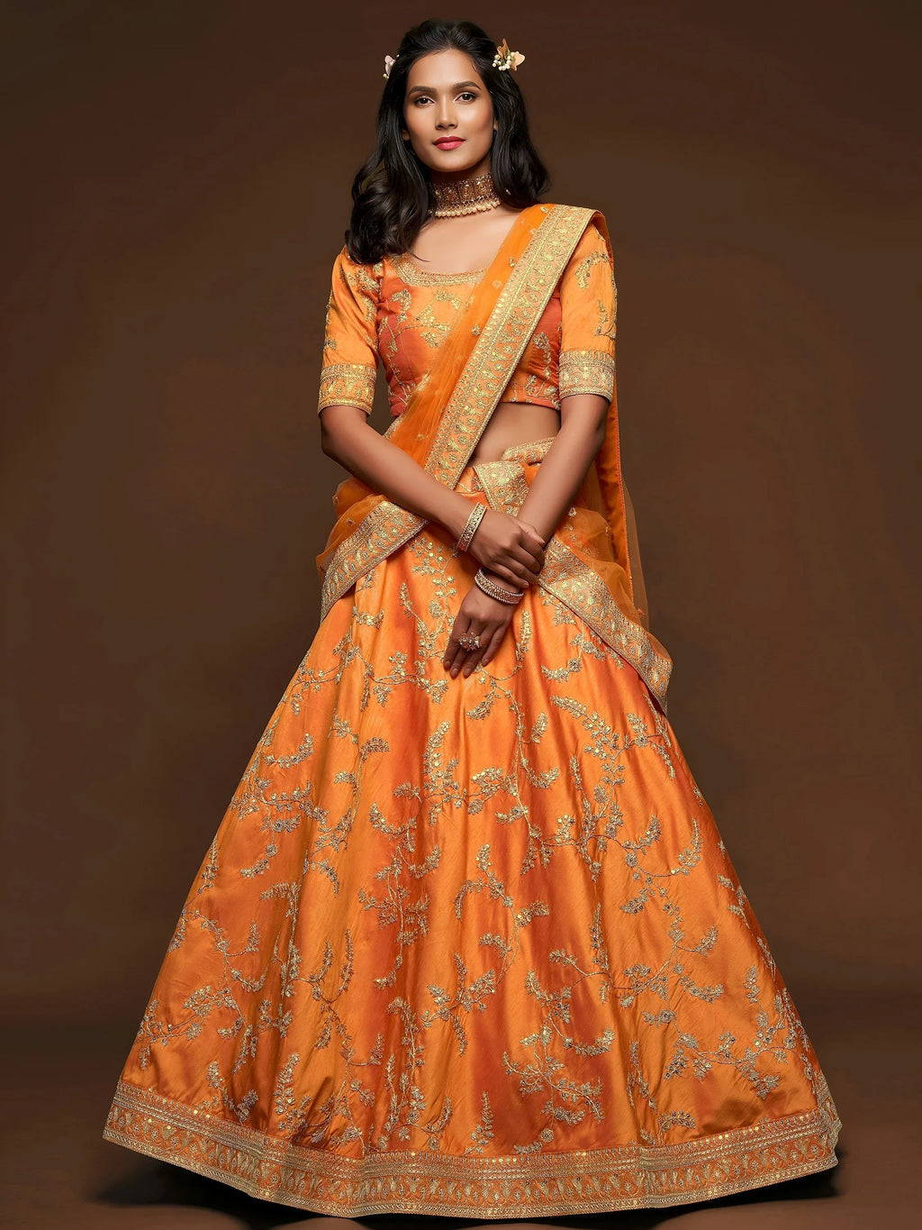 Tulsi Art Orange Thread Embroidery Art Silk Wedding Wear Lehenga Choli | Grocsy