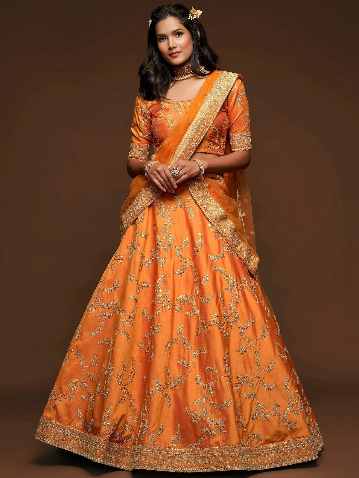 Tulsi Art Orange Thread Embroidery Art Silk Wedding Wear Lehenga Choli | Grocsy