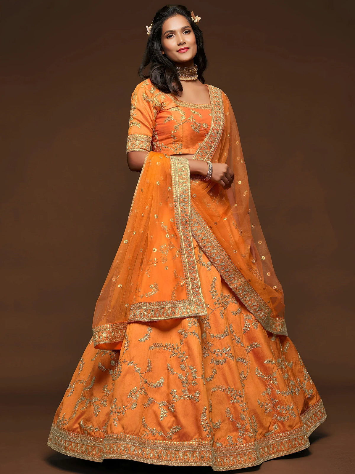 Tulsi Art Orange Thread Embroidery Art Silk Wedding Wear Lehenga Choli | Grocsy