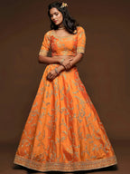 Tulsi Art Orange Thread Embroidery Art Silk Wedding Wear Lehenga Choli | Grocsy