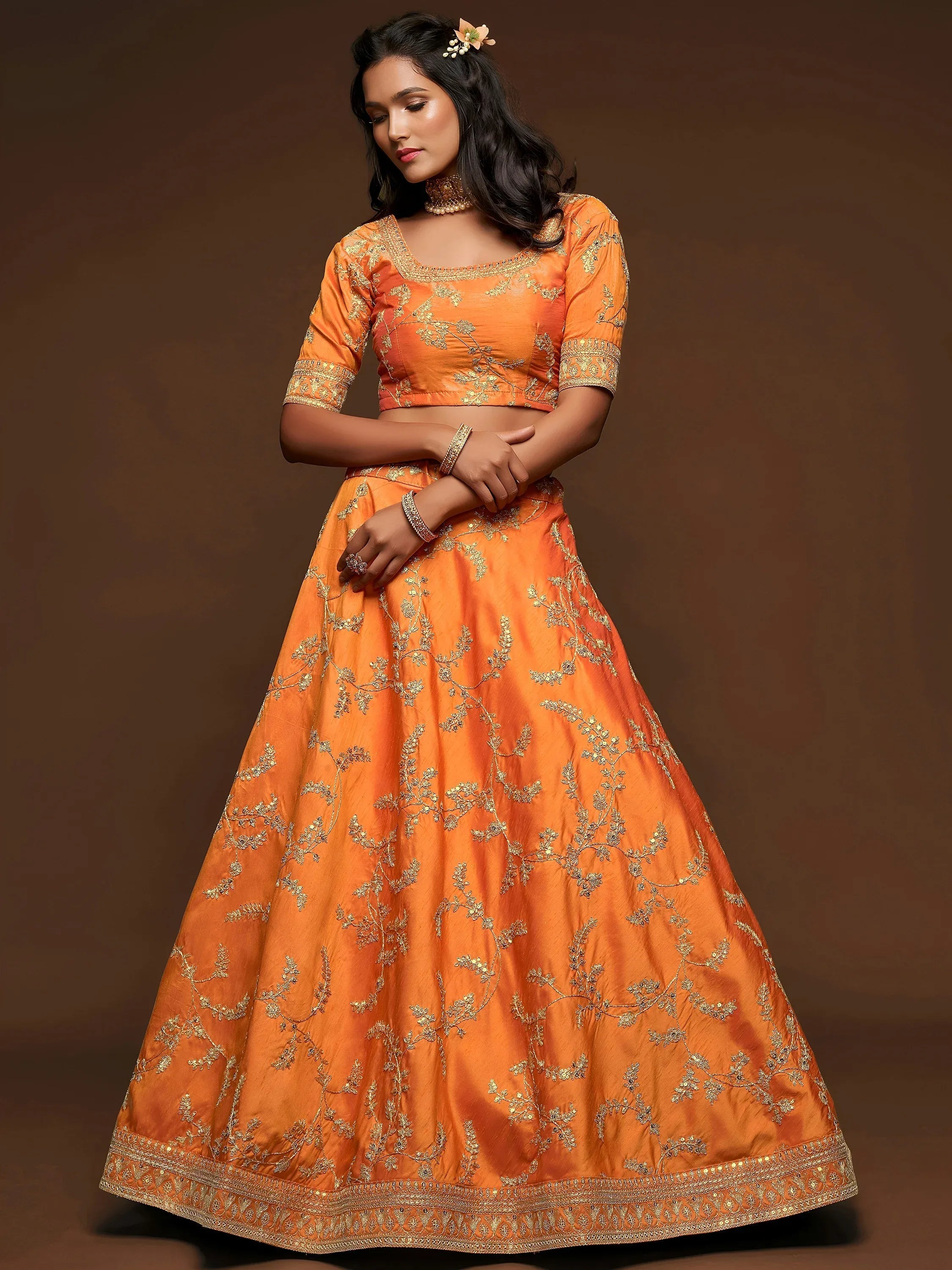 Tulsi Art Orange Thread Embroidery Art Silk Wedding Wear Lehenga Choli | Grocsy