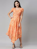 Souchii Orange Floral Chiffon Midi Dress | Grocsy