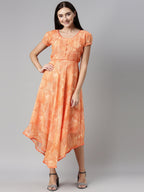 Souchii Orange Floral Chiffon Midi Dress | Grocsy