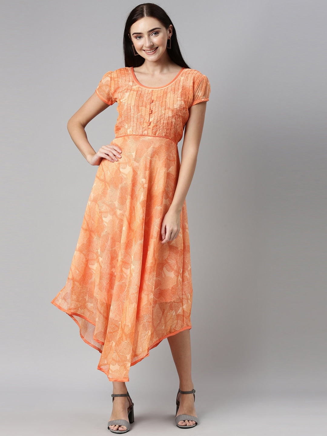 Souchii Orange Floral Chiffon Midi Dress | Grocsy