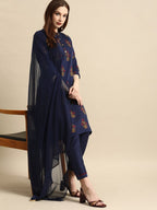All About You Women Navy Blue Ethnic Motifs Printed Kurta with Trousers & With Dupatta | Grocsy