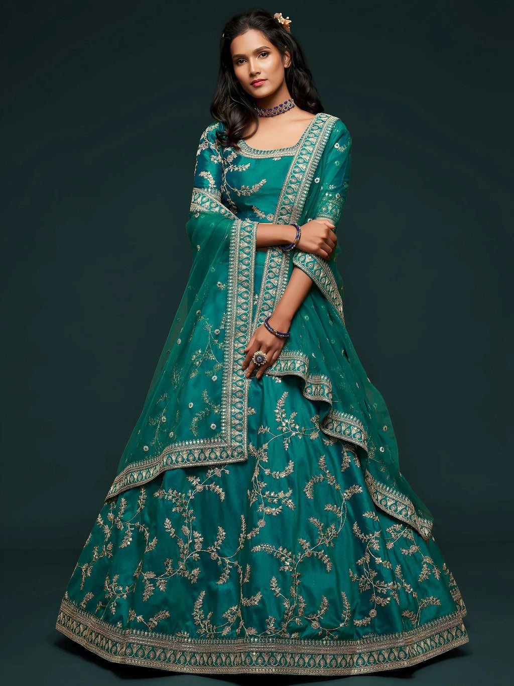 Tulsi Art Green Thread Embroidery Art Silk Wedding Wear Lehenga Choli | Grocsy