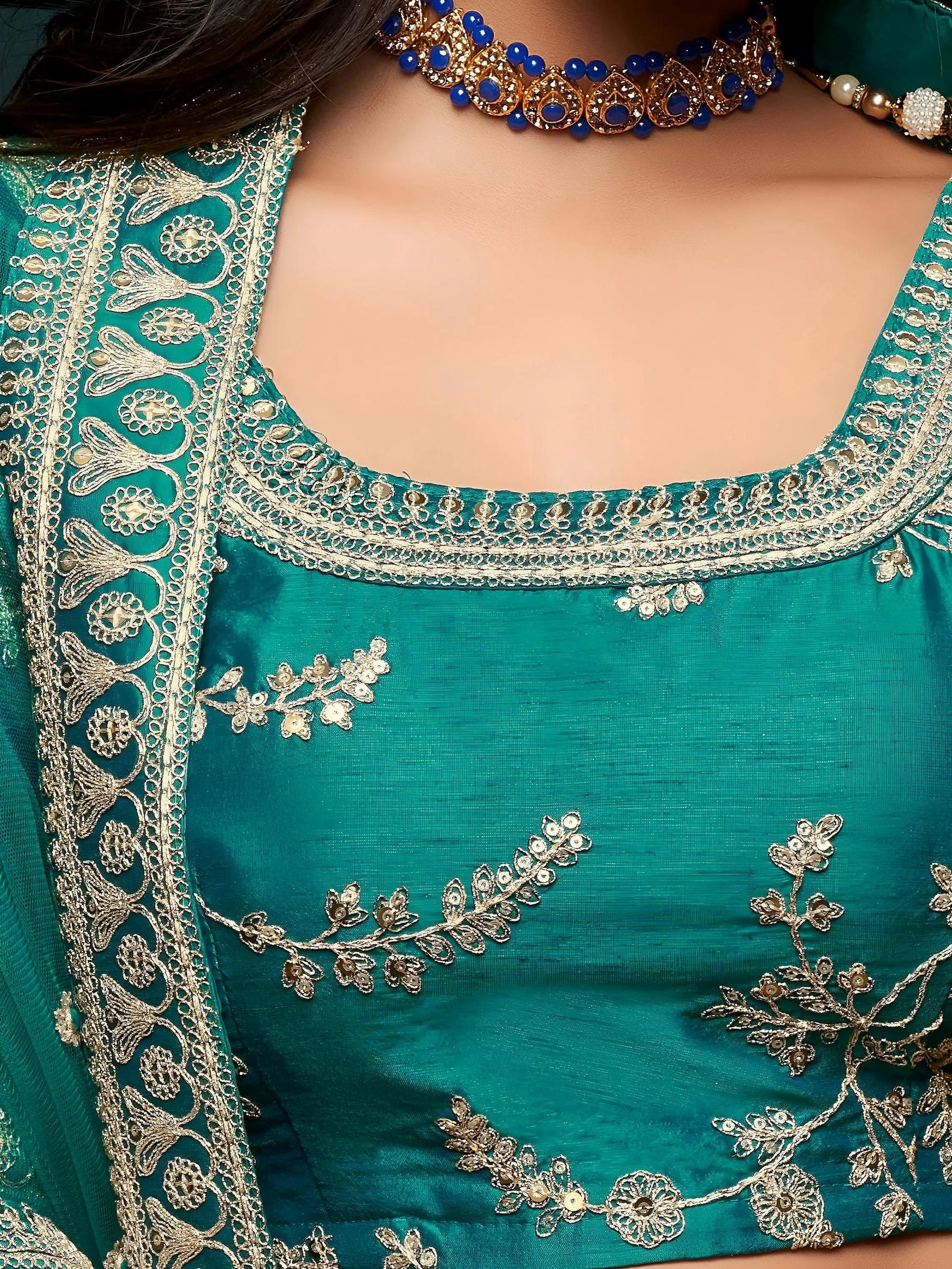 Tulsi Art Green Thread Embroidery Art Silk Wedding Wear Lehenga Choli | Grocsy
