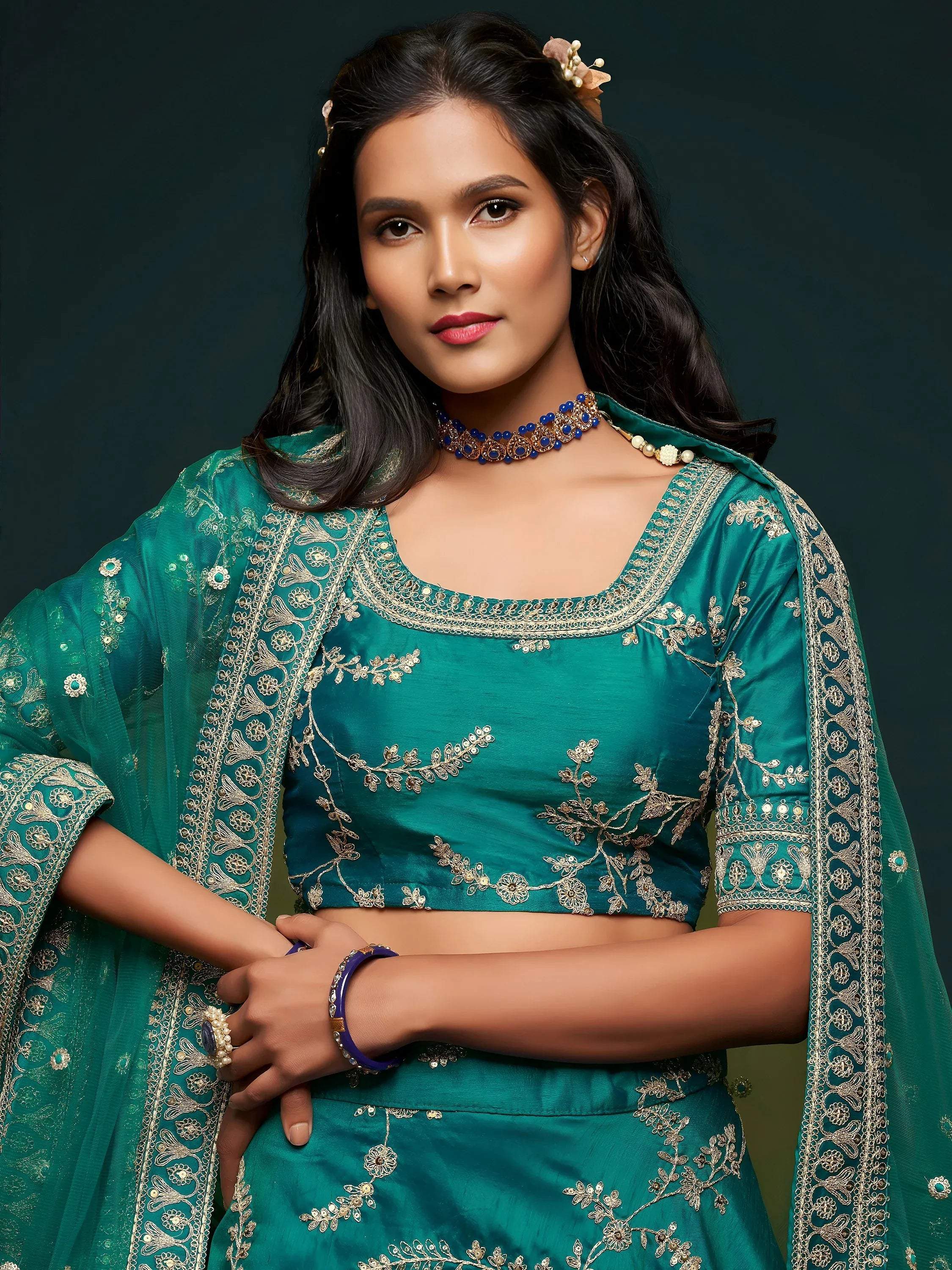 Tulsi Art Green Thread Embroidery Art Silk Wedding Wear Lehenga Choli | Grocsy