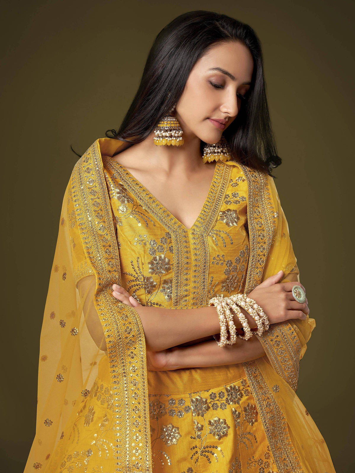 Tulsi Art Fascinating Yellow Sequins Embroidery Slub Silk Lehenga Choli | Grocsy