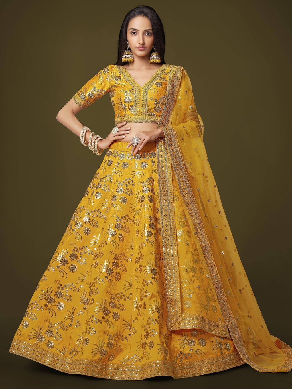 Tulsi Art Fascinating Yellow Sequins Embroidery Slub Silk Lehenga Choli | Grocsy