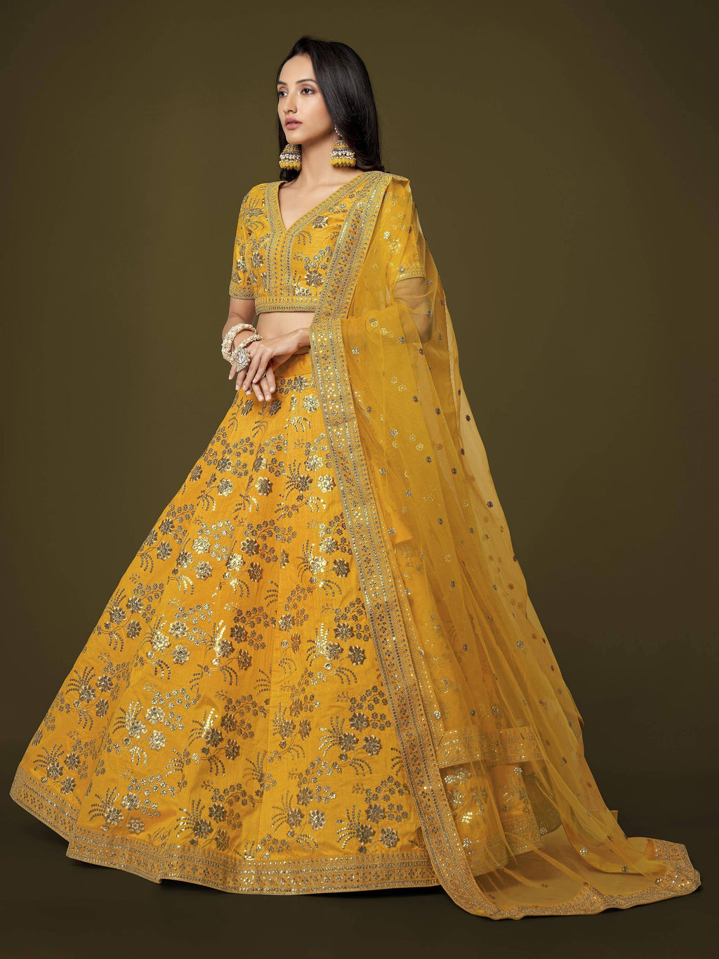 Tulsi Art Fascinating Yellow Sequins Embroidery Slub Silk Lehenga Choli | Grocsy