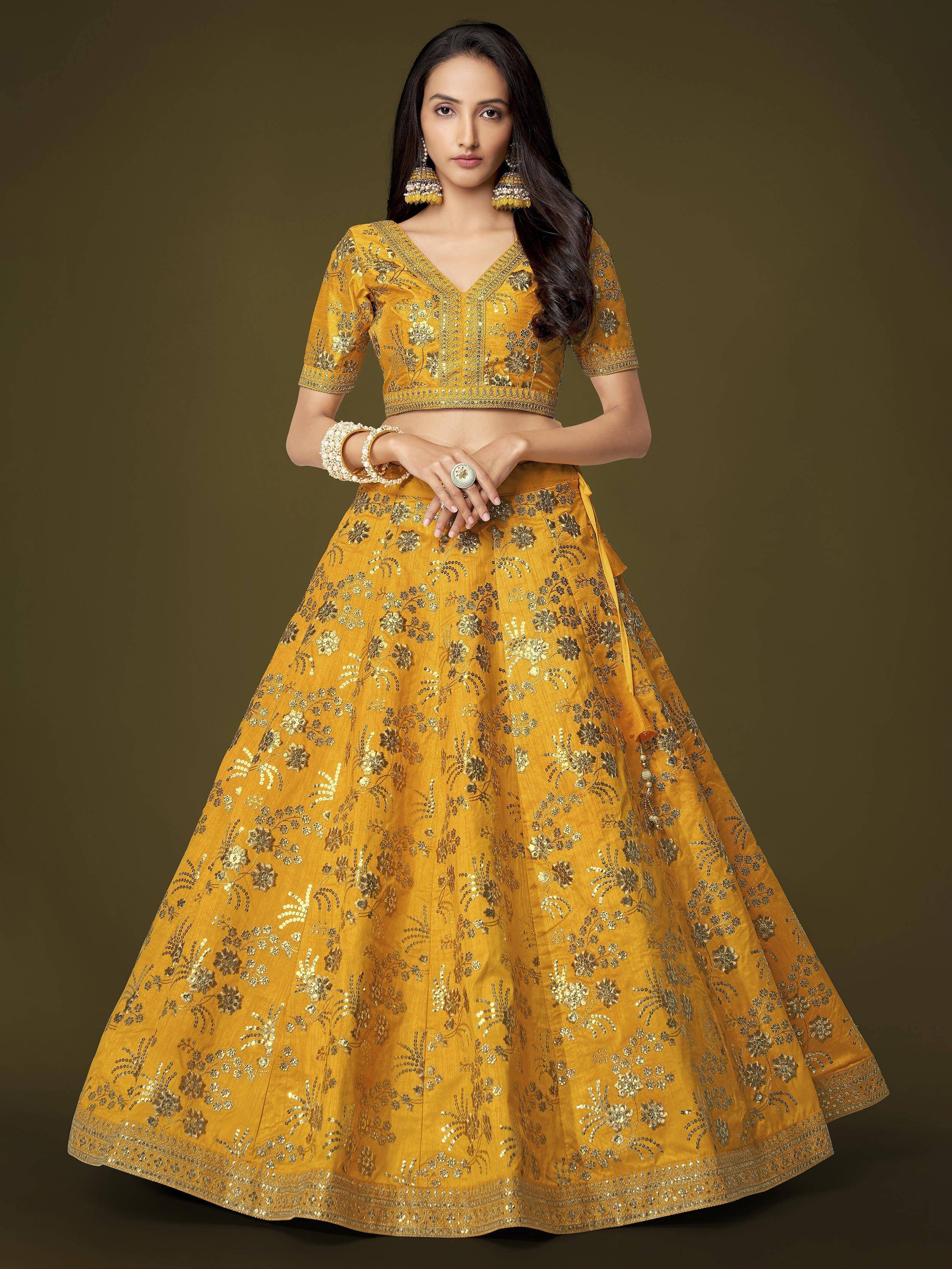 Tulsi Art Fascinating Yellow Sequins Embroidery Slub Silk Lehenga Choli | Grocsy