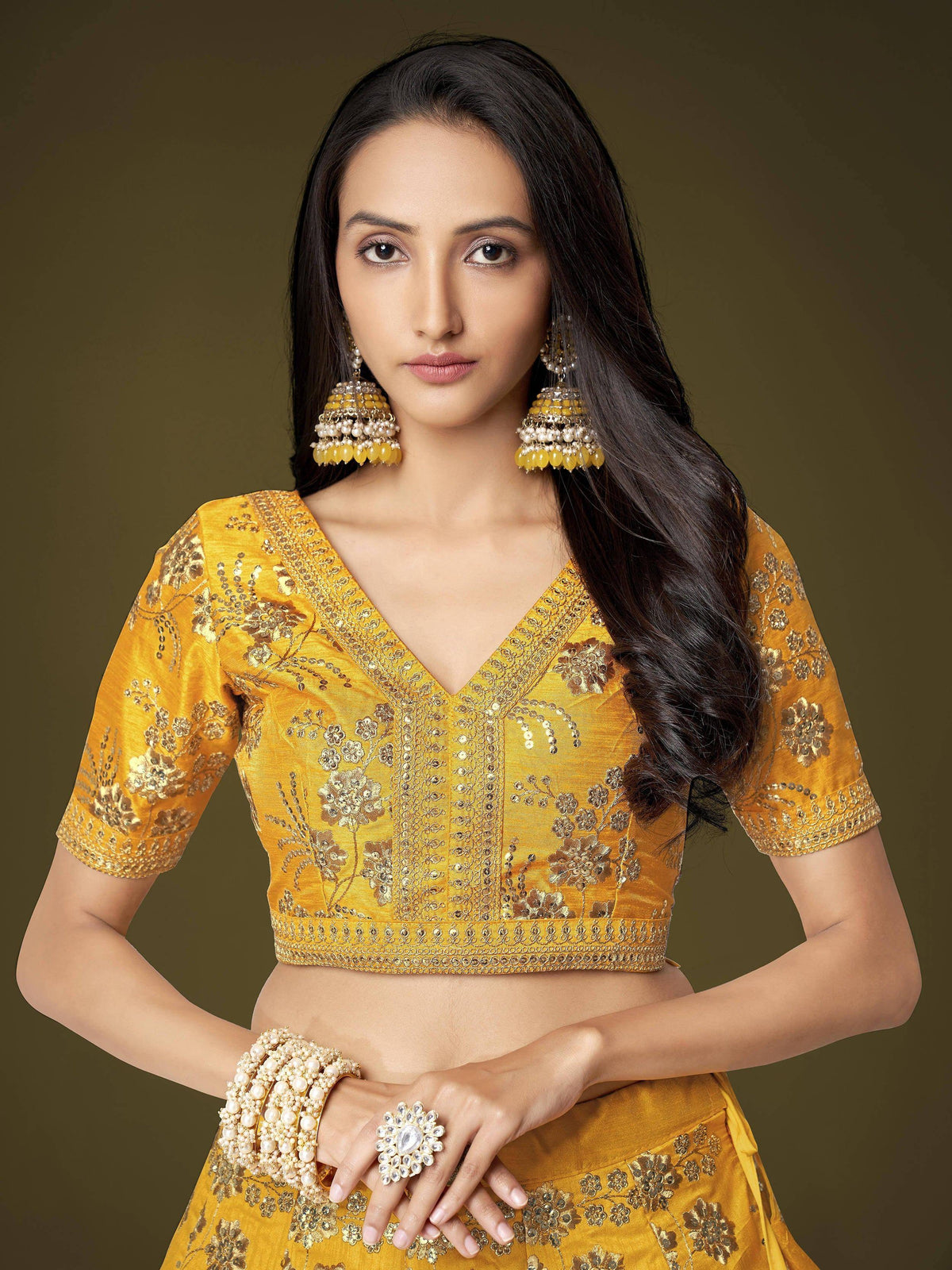 Tulsi Art Fascinating Yellow Sequins Embroidery Slub Silk Lehenga Choli | Grocsy
