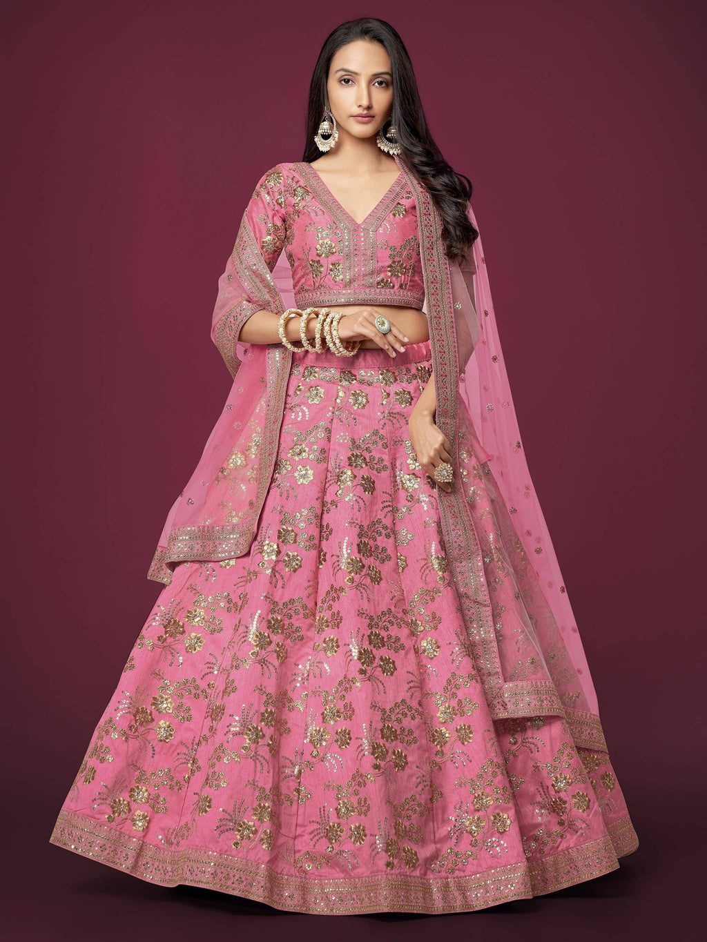 Tulsi Art Marvelous Pink Sequins Work Slub Silk Wedding Wear Lehenga Choli | Grocsy