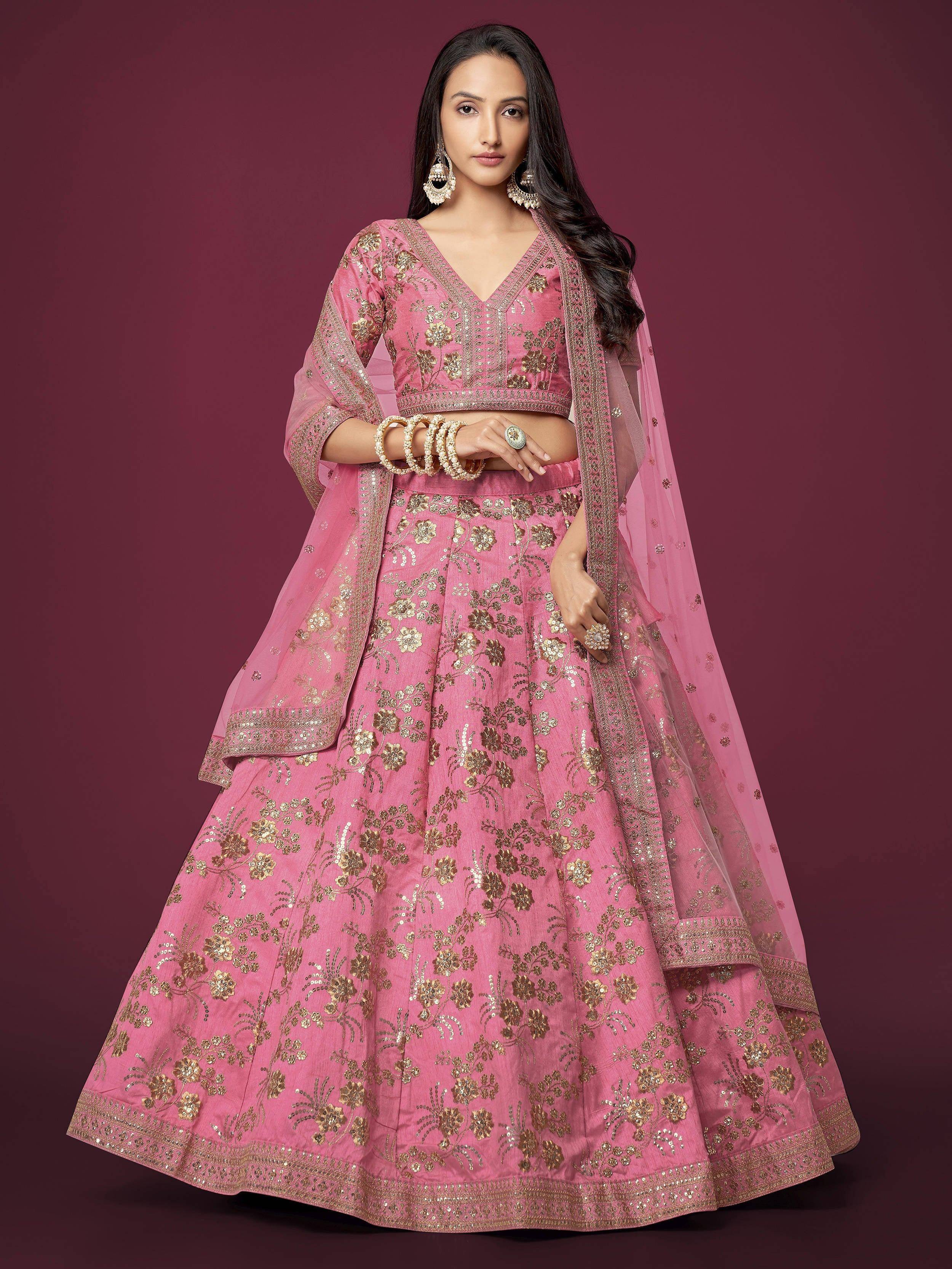 Tulsi Art Marvelous Pink Sequins Work Slub Silk Wedding Wear Lehenga Choli | Grocsy