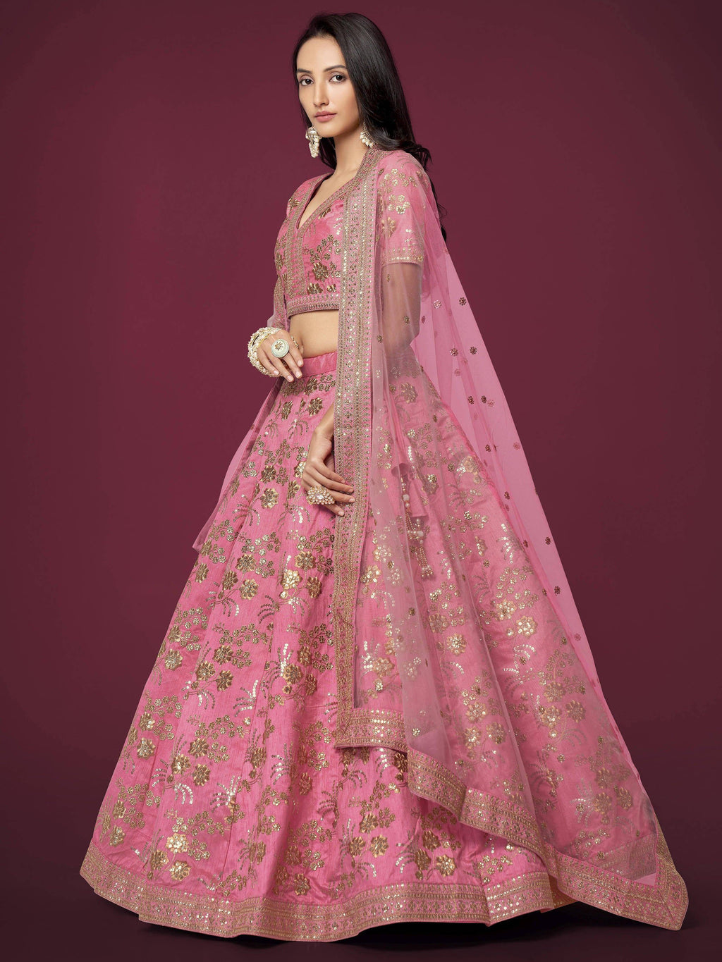 Tulsi Art Marvelous Pink Sequins Work Slub Silk Wedding Wear Lehenga Choli | Grocsy