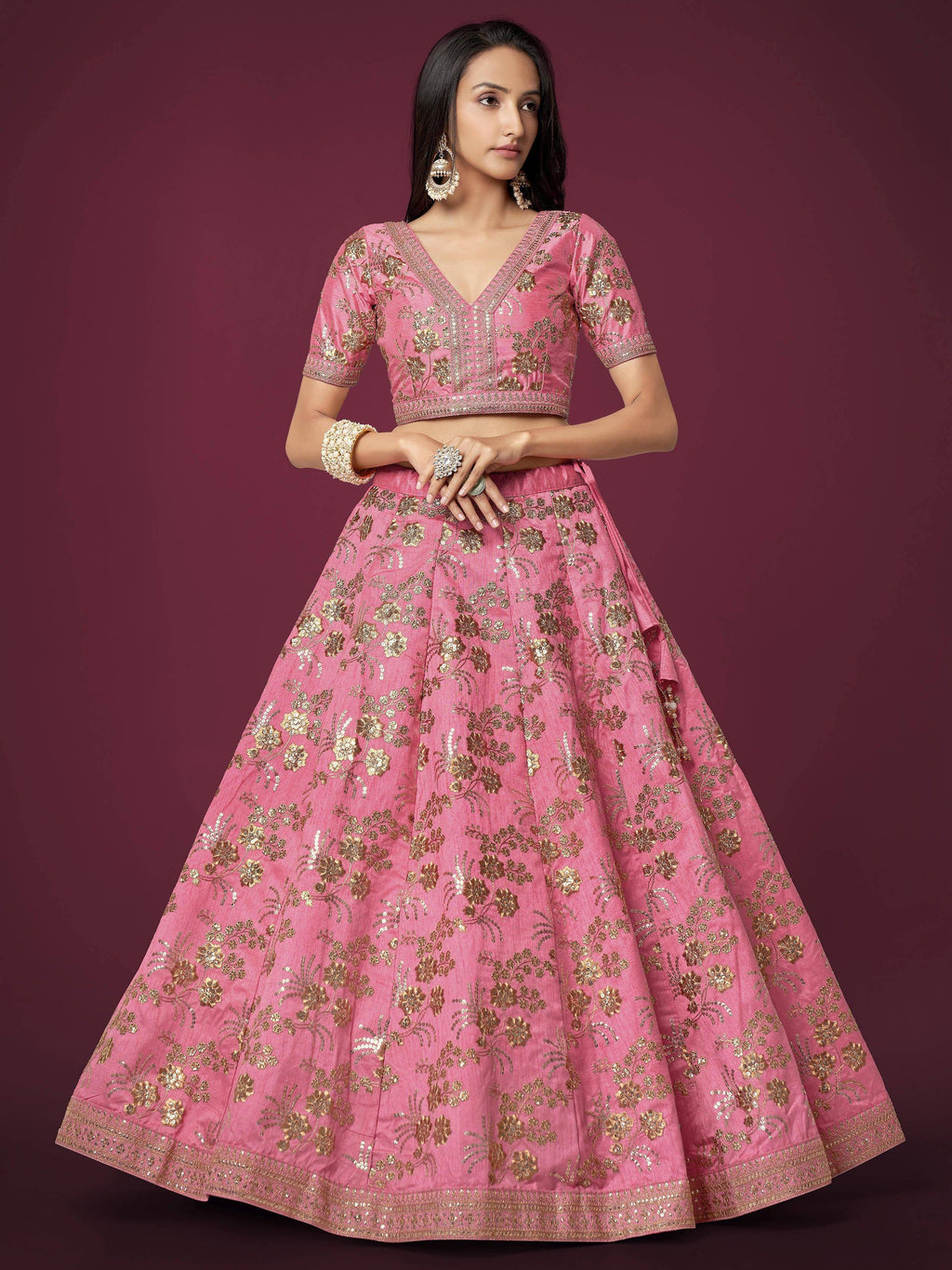 Tulsi Art Marvelous Pink Sequins Work Slub Silk Wedding Wear Lehenga Choli | Grocsy