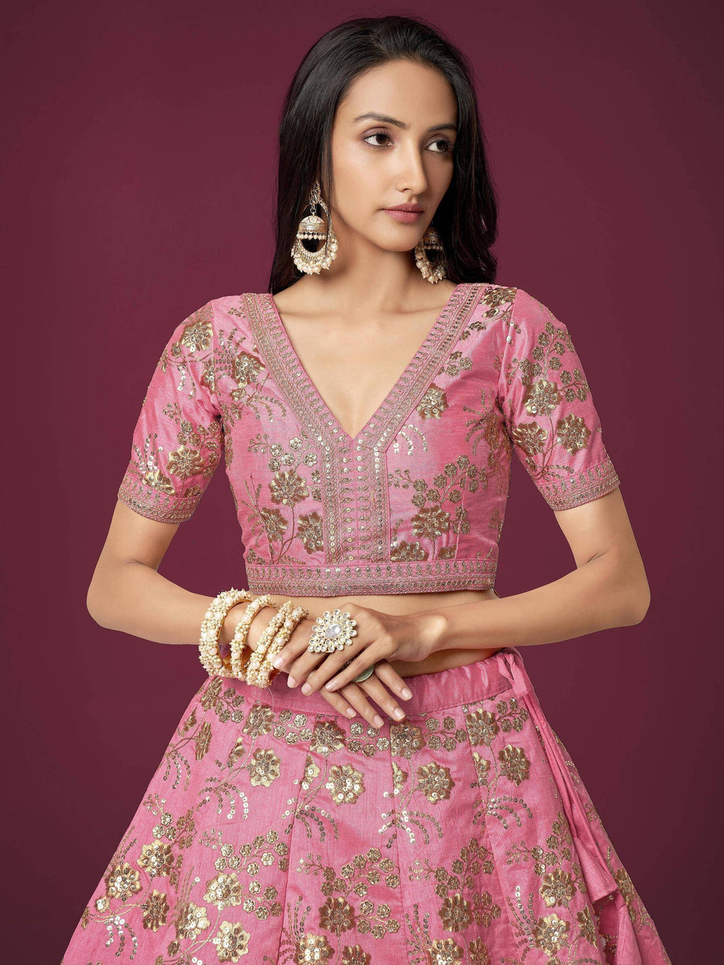 Tulsi Art Marvelous Pink Sequins Work Slub Silk Wedding Wear Lehenga Choli | Grocsy
