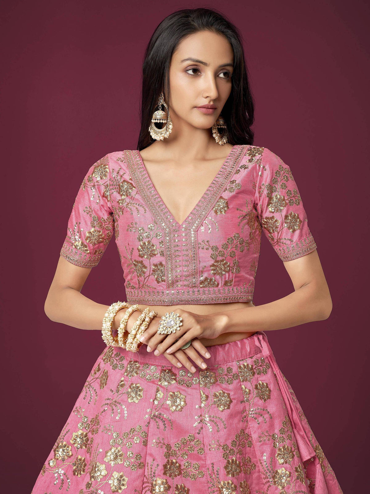 Tulsi Art Marvelous Pink Sequins Work Slub Silk Wedding Wear Lehenga Choli | Grocsy