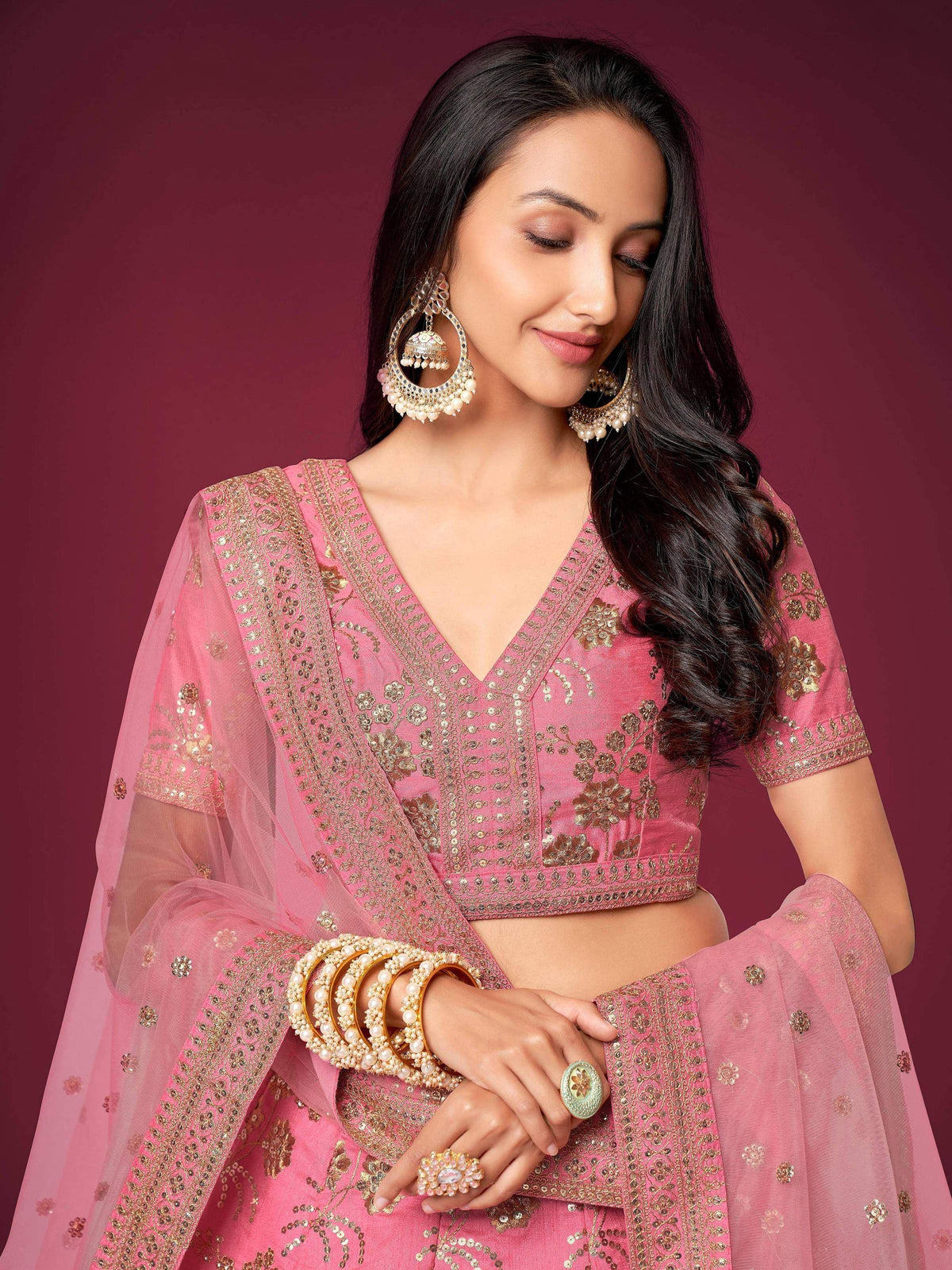 Tulsi Art Marvelous Pink Sequins Work Slub Silk Wedding Wear Lehenga Choli | Grocsy