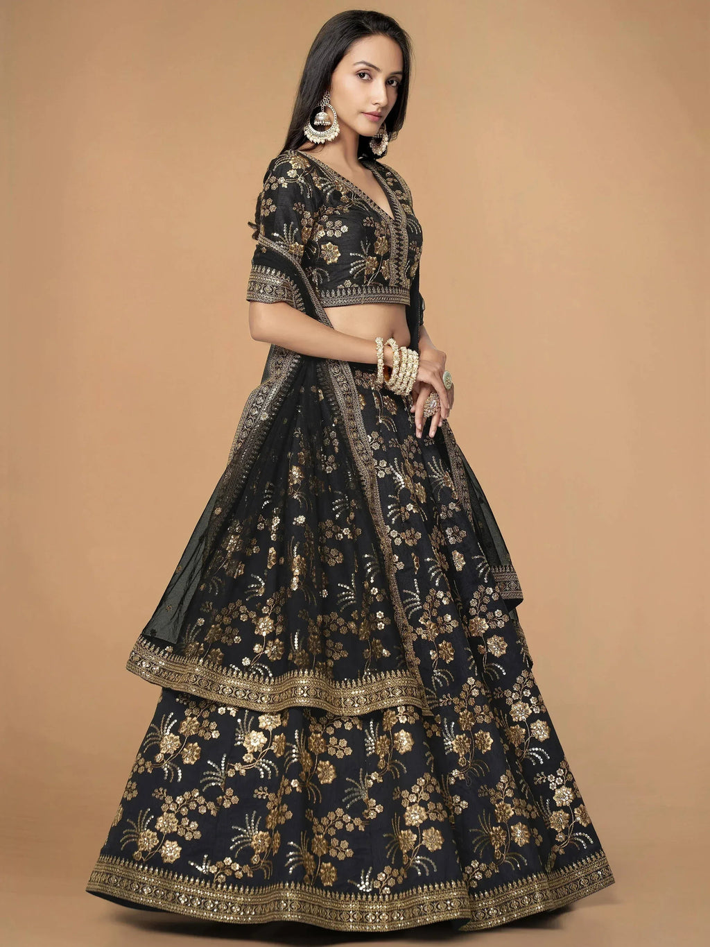 Tulsi Art Magnetic Black Sequins Work Slub Silk Reception Wear Lehenga Choli | Grocsy