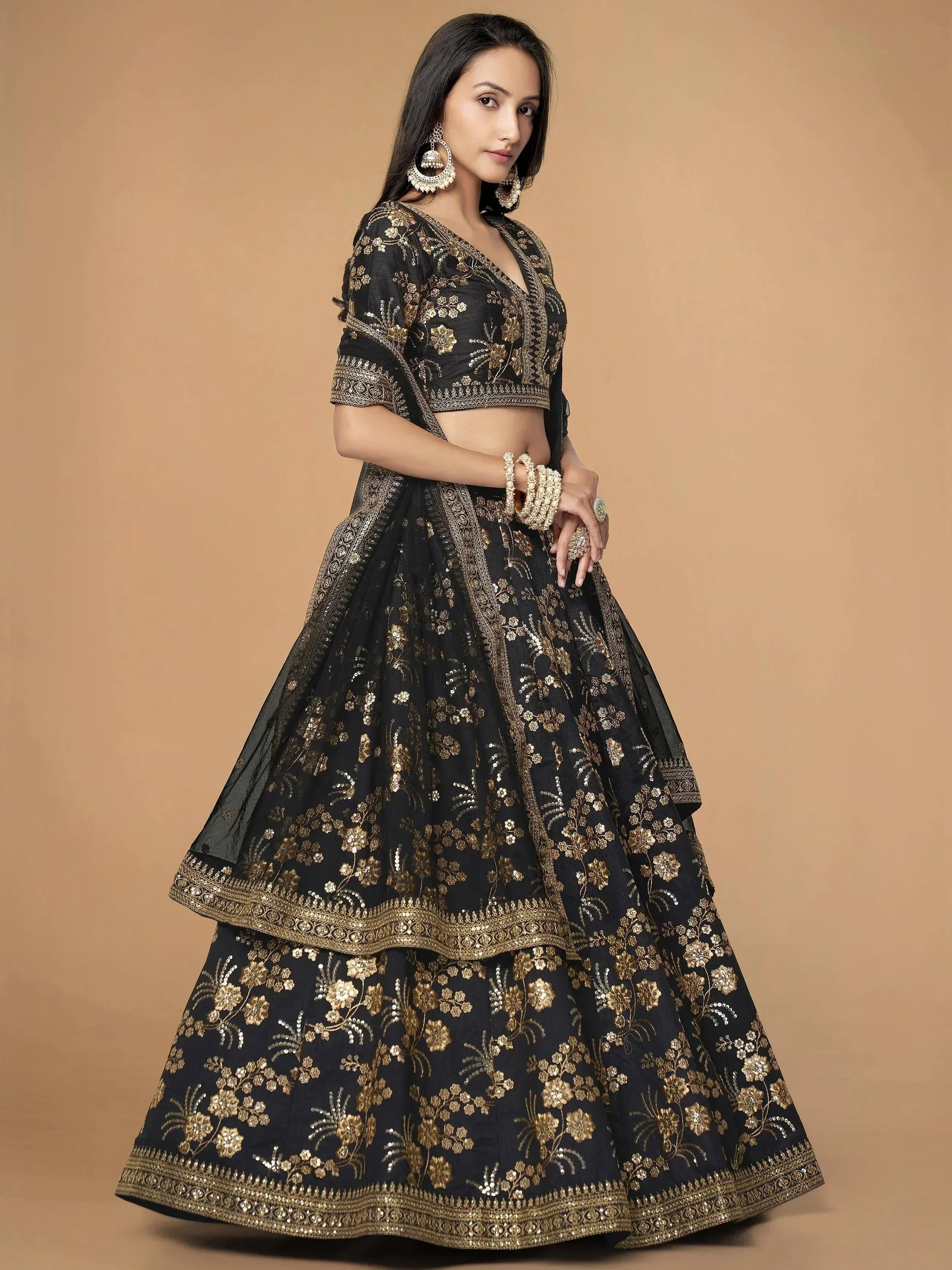 Tulsi Art Magnetic Black Sequins Work Slub Silk Reception Wear Lehenga Choli | Grocsy