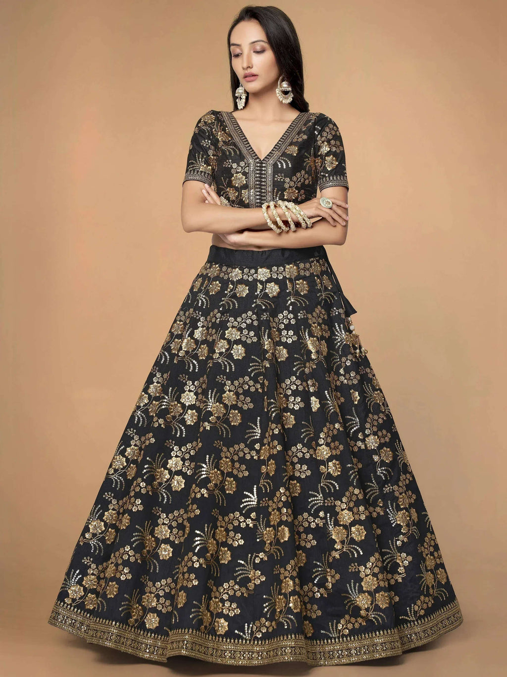 Tulsi Art Magnetic Black Sequins Work Slub Silk Reception Wear Lehenga Choli | Grocsy