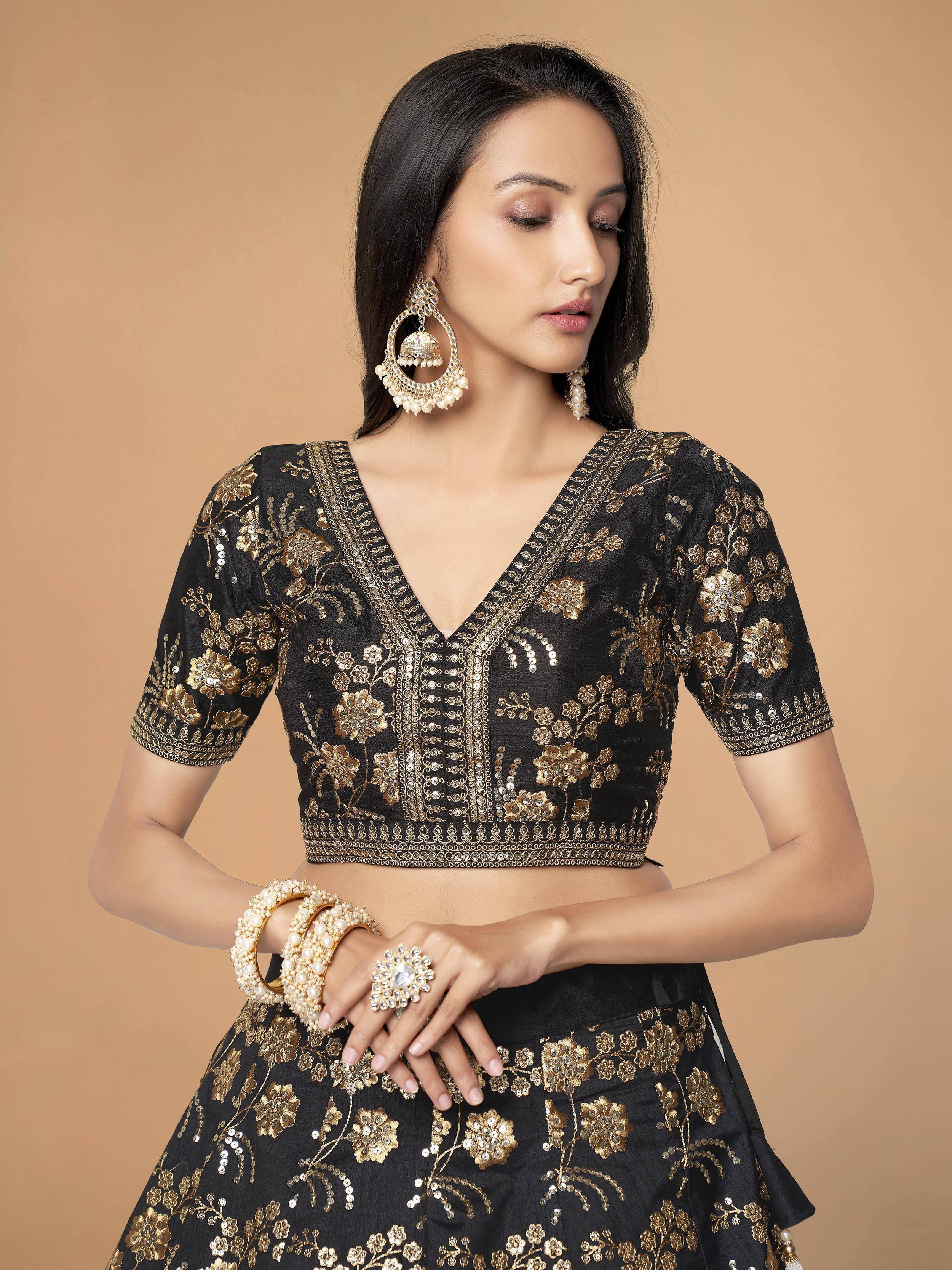 Tulsi Art Magnetic Black Sequins Work Slub Silk Reception Wear Lehenga Choli | Grocsy