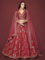 Tulsi Art Bewitching Red Zari Work Slub Silk Wedding Wear Lehenga Choli | Grocsy
