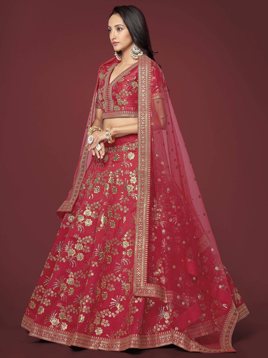 Tulsi Art Bewitching Red Zari Work Slub Silk Wedding Wear Lehenga Choli | Grocsy