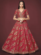 Tulsi Art Bewitching Red Zari Work Slub Silk Wedding Wear Lehenga Choli | Grocsy