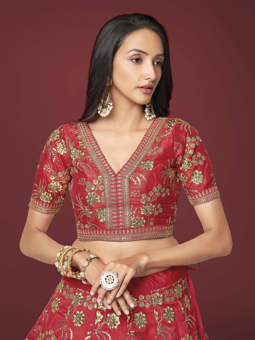 Tulsi Art Bewitching Red Zari Work Slub Silk Wedding Wear Lehenga Choli | Grocsy
