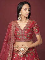 Tulsi Art Bewitching Red Zari Work Slub Silk Wedding Wear Lehenga Choli | Grocsy