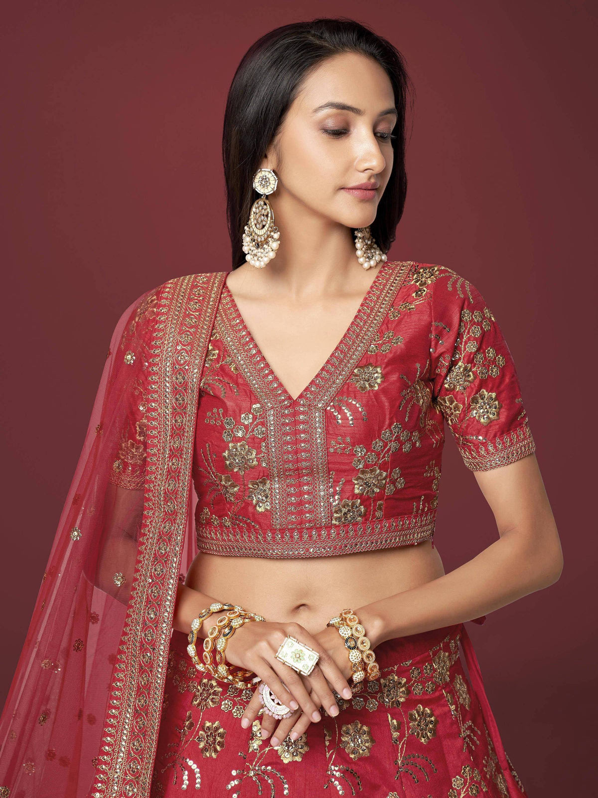 Tulsi Art Bewitching Red Zari Work Slub Silk Wedding Wear Lehenga Choli | Grocsy