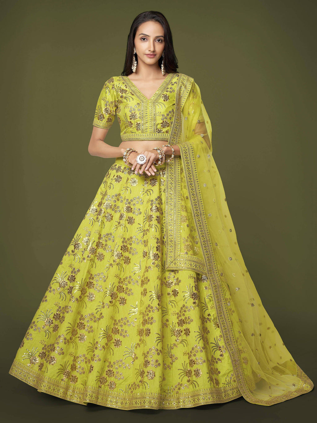 Tulsi Art Prodigious Neon Green Sequins Work Lehenga Choli With Dupatta | Grocsy
