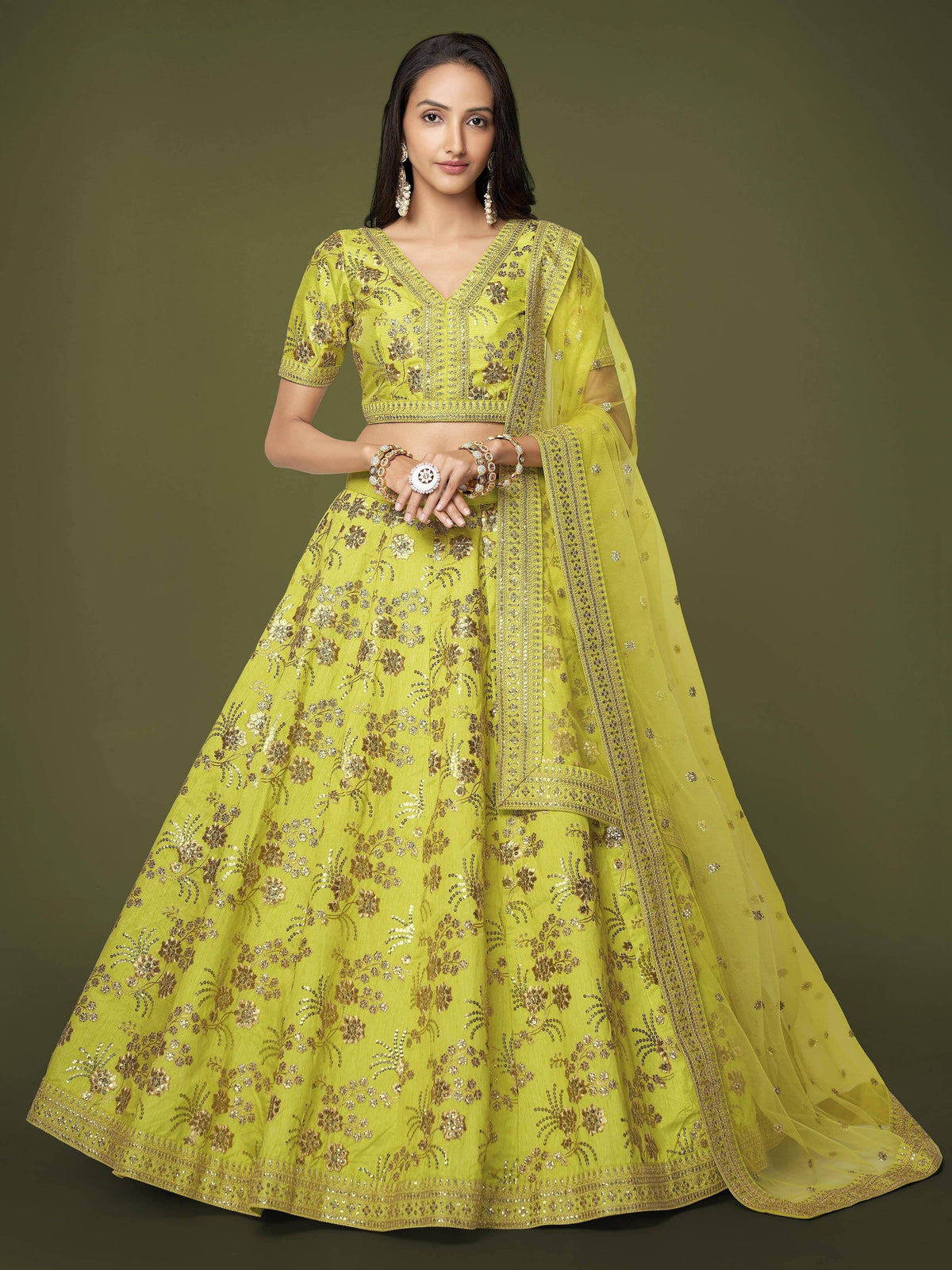 Tulsi Art Prodigious Neon Green Sequins Work Lehenga Choli With Dupatta | Grocsy