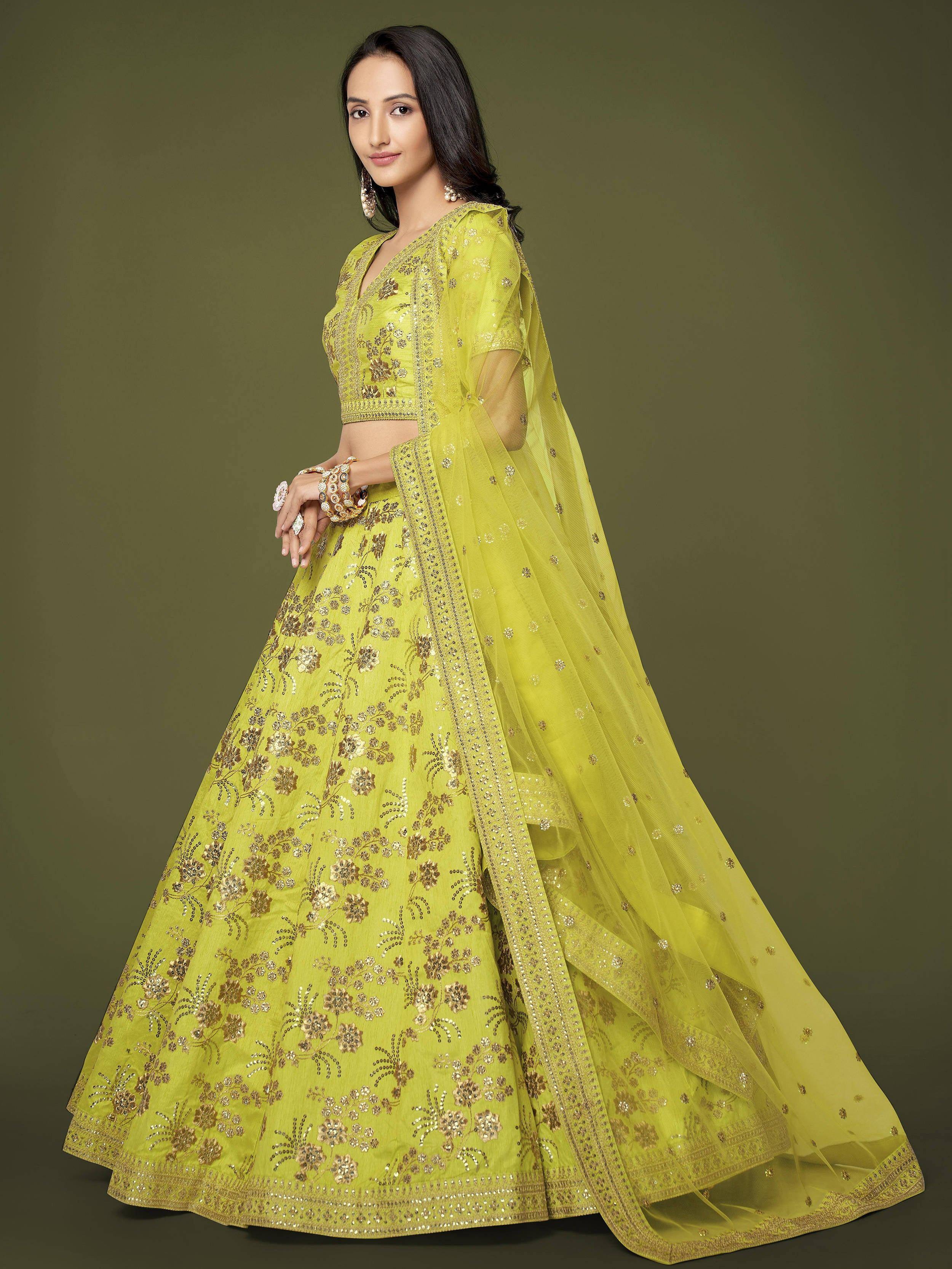 Tulsi Art Prodigious Neon Green Sequins Work Lehenga Choli With Dupatta | Grocsy