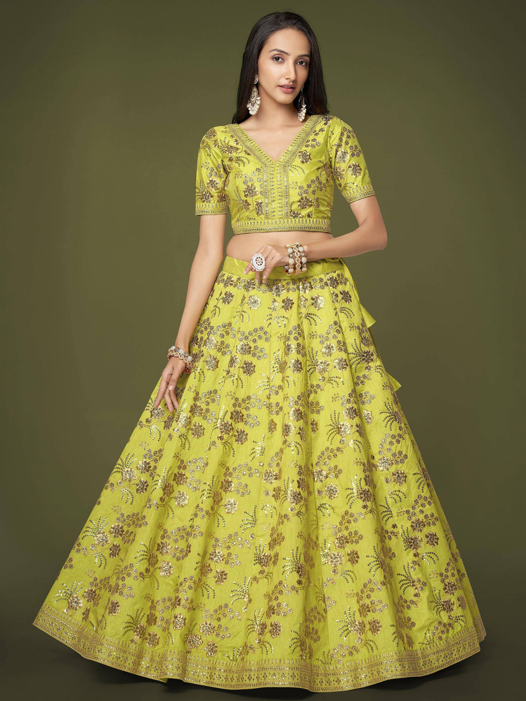 Tulsi Art Prodigious Neon Green Sequins Work Lehenga Choli With Dupatta | Grocsy