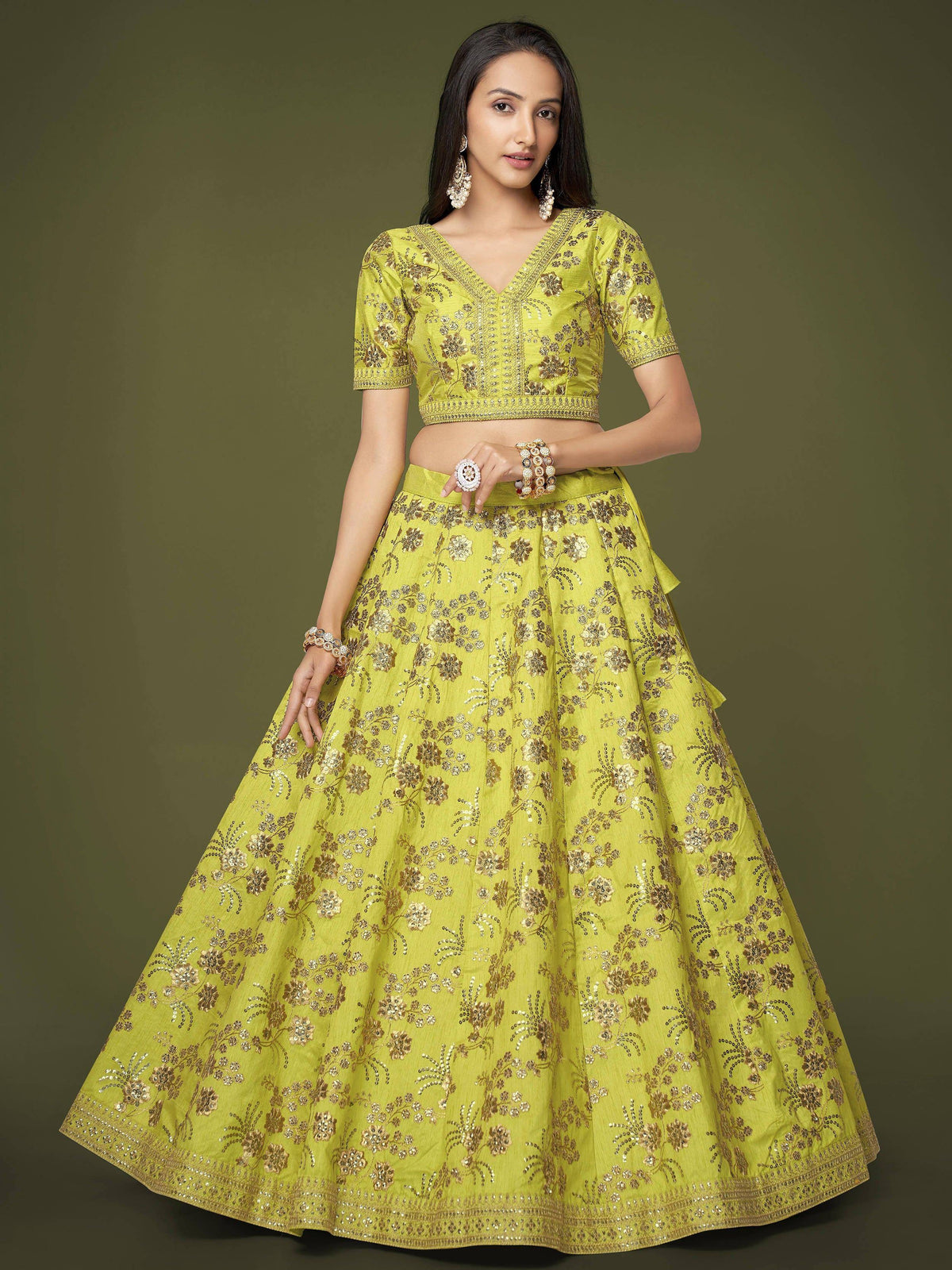 Tulsi Art Prodigious Neon Green Sequins Work Lehenga Choli With Dupatta | Grocsy