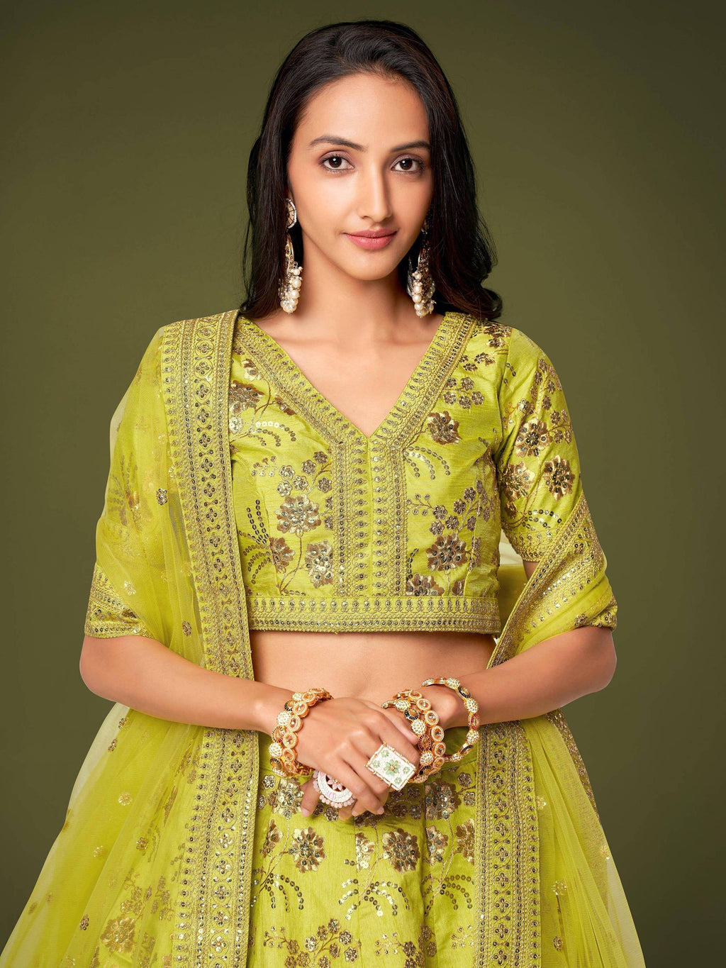 Tulsi Art Prodigious Neon Green Sequins Work Lehenga Choli With Dupatta | Grocsy