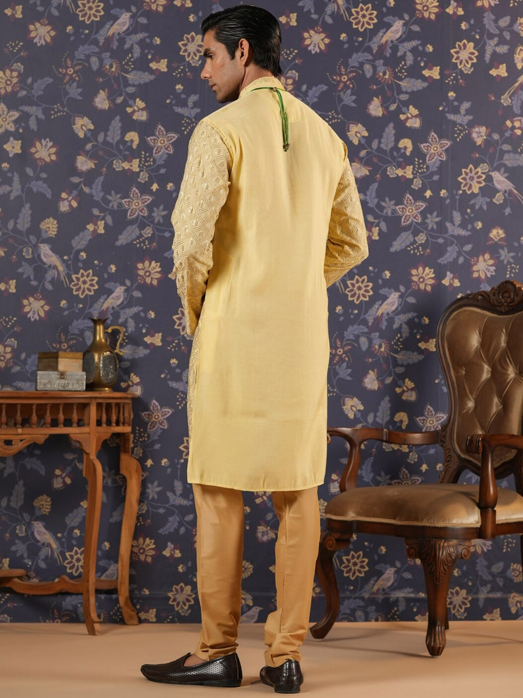 House of Pataudi Ethnic Motifs Embroidered Mandarin Collar Straight Kurta With Churidar | Grocsy